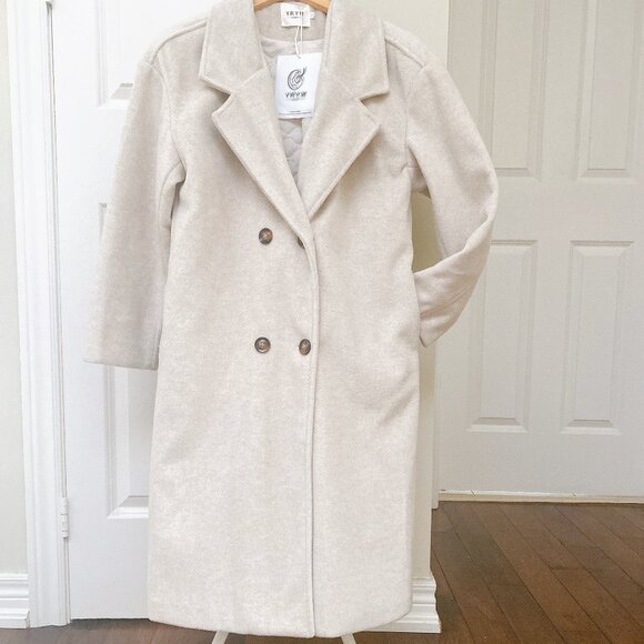 NWT Women Creamy White Button Up Quilted Long Coat - Picture 2 of 9